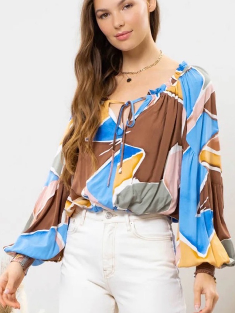Blu Pepper Cropped Peasant Blouse in Abstract Pattern NWT